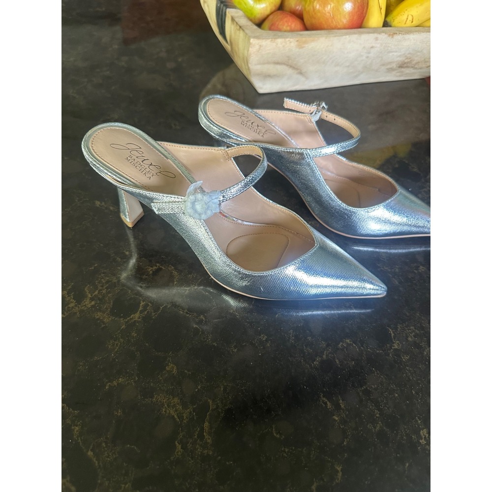 Jewel Badgley Mischka Silver Metallic Pointed Toe Crystal Buckle Mules Heels 6 - Picture 5 of 8